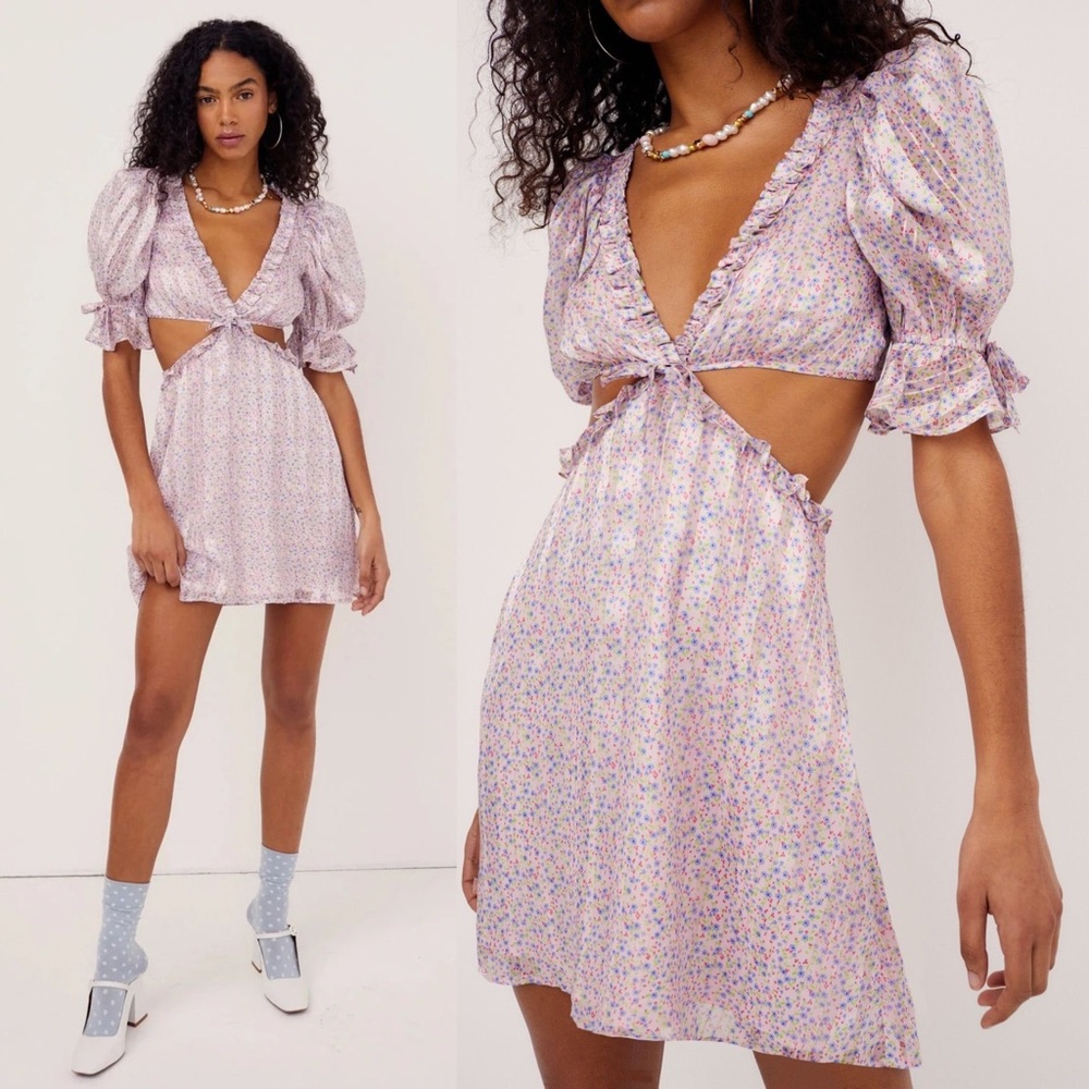 For Love & Lemons NWT Phoebe Puff Sleeve Cut Out Floral Mini Dress Blue Pink M